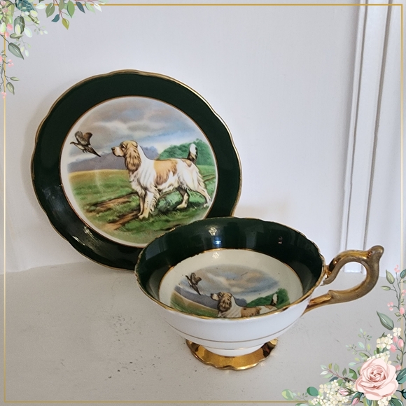 Regency English Setter Dog Pheasant Tea Green Cup Saucer Bone China England - Picture 1 of 7